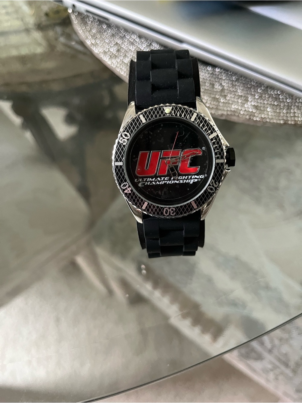 UFC Black Silicone Strap Watch with Red Logo and Silver Bezel